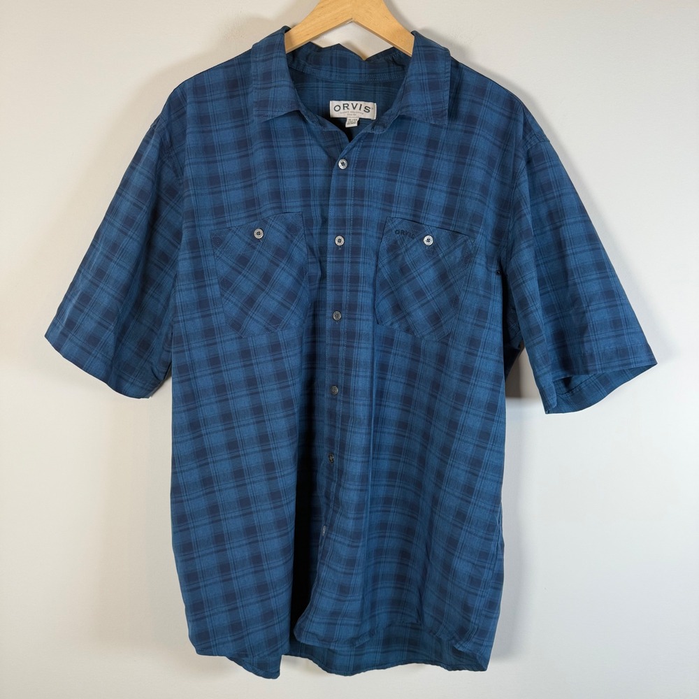 Orvis Classic Collection Button Up Shirt Top XL Blue Plaid Short Sleeve